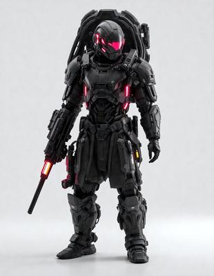 The primary subject of the image is a robotic figure, possibly a character from a video game, with a red glowing weapon. The robot is standing on a white surface, which serves as the background. The visual style of the image is a combination of photo and digital art, creating a realistic yet futuristic appearance. The colors and mood of the image are predominantly dark, with the red glowing weapon adding a touch of vibrancy to the scene.
