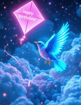 The primary subject of the image is a bird, specifically a blue bird, flying through a cloudy blue sky. The bird is holding a pink kite in its beak, adding a touch of color to the scene. The setting is a vast, open sky with clouds, creating a serene and peaceful atmosphere. The visual style of the image is a combination of digital art and illustration, giving it a unique and artistic appearance. The colors and mood of the image are predominantly blue and calm, with the bird