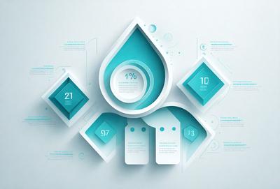 The primary subject of the image is a blue water drop, which is the main focus of the scene. The setting is a white background, and the visual style is digital art. The dominant colors are blue and white, creating a clean and modern atmosphere.