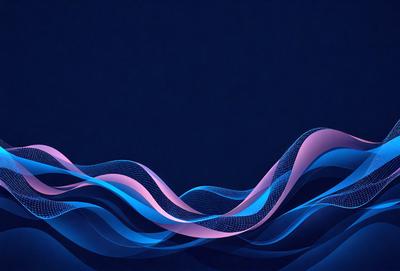 The primary subject of the image is a blue ocean with waves. The setting is a dark blue sky, creating a contrasting backdrop. The visual style is a digital art or illustration, giving the image a unique and artistic appearance. The dominant colors are blue and pink, creating a calming and serene atmosphere.