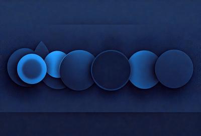 The primary subject of the image is a series of blue circles arranged in a row. The setting is a dark blue background, which creates a striking contrast with the circles. The visual style appears to be a combination of digital art and illustration, as the circles are depicted with a clear outline and a slightly textured appearance. The dominant colors are blue, and the overall atmosphere is calm and serene.