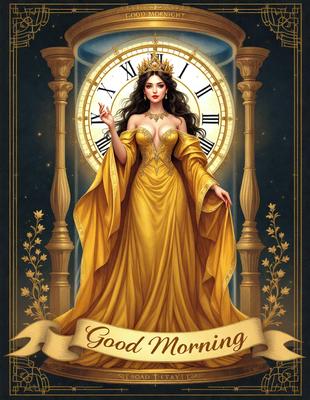 The primary subject of the image is a woman dressed in a yellow gown, standing in front of a clock. The setting is a clock tower, and the visual style is digital art. The woman appears to be a princess, and the colors and mood of the image are warm and inviting.