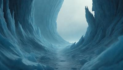 The primary subject of the image is a person standing in a large, curved, and wavy tunnel. The setting is a snowy environment, with the person surrounded by ice and snow. The visual style of the image is digital art, as it appears to be a computer-generated scene. The dominant colors in the image are blue and white, creating a cold and icy atmosphere.