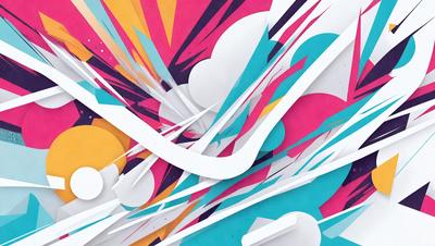 The primary subject of the image is a colorful, abstract design featuring a mix of pink, blue, yellow, and white colors. The setting is a white background, which contrasts with the vibrant colors of the design. The visual style appears to be a combination of digital art and illustration, creating a dynamic and eye-catching pattern. The overall atmosphere is lively and energetic, with the colors and patterns evoking a sense of movement and creativity.