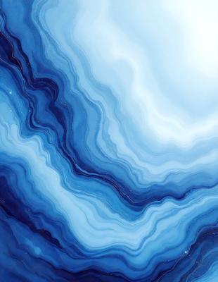 The primary subject of the image is a blue and white ocean wave. The setting is the ocean, with the wave being the main focus of the image. The visual style is a digital art or illustration, as the wave is depicted in a detailed and artistic manner. The dominant colors are blue and white, creating a serene and calming atmosphere.
