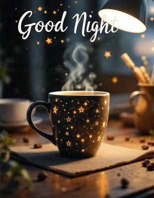 The primary subject of the image is a cup of coffee with a starry night design on it. The cup is placed on a table, and there is a spoon nearby. The setting is a cozy and inviting environment, with a warm and comforting atmosphere. The visual style is a combination of photo and digital art, creating a unique and eye-catching design. The colors and mood are predominantly warm and soothing, with the starry night design adding a touch of whimsy and creativity to the scene