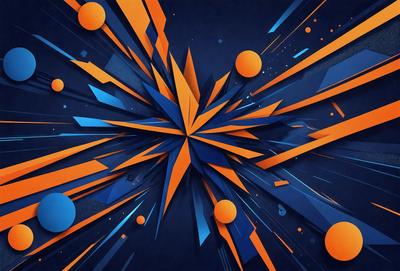 The primary subject of the image is a colorful, abstract design featuring a central point surrounded by various shapes and colors. The setting is a blue background, which contrasts with the vibrant colors of the design. The visual style is a combination of digital art and illustration, creating a dynamic and eye-catching pattern. The dominant colors are orange, blue, and white, giving the design a lively and energetic atmosphere.