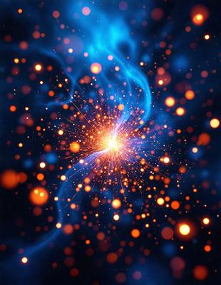 The primary subject of the image is a bright, colorful, and vibrant explosion of light. The setting is a dark, starry background, which contrasts with the bright light. The visual style is a combination of a photo and digital art, creating a unique and captivating scene. The colors and mood are energetic and lively, with the bright light and dark background creating a sense of excitement and wonder.