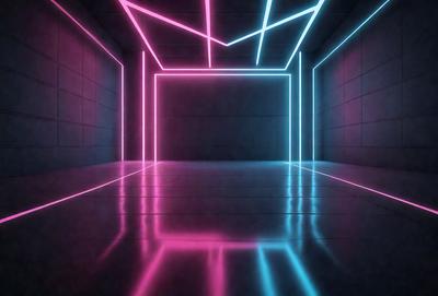 The primary subject of the image is a brightly lit room with a pink and blue neon glow. The setting is a large, open space with a white wall and a doorway. The visual style is a combination of a photo and digital art, creating a futuristic and surreal atmosphere. The dominant colors are pink and blue, which create a vibrant and energetic mood.