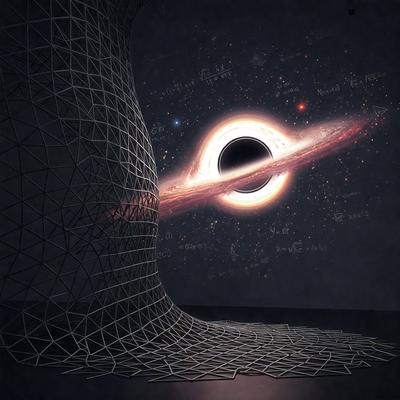 The primary subject of the image is a black hole, which is the main object, scene, or focus of the image. The setting/background features a black and white color scheme, giving the image a classic and timeless appearance. The visual style is a combination of digital art and illustration, creating a unique and intriguing representation of the black hole. The colors and mood of the image are predominantly dark and dramatic, emphasizing the vastness and power of the black hole.