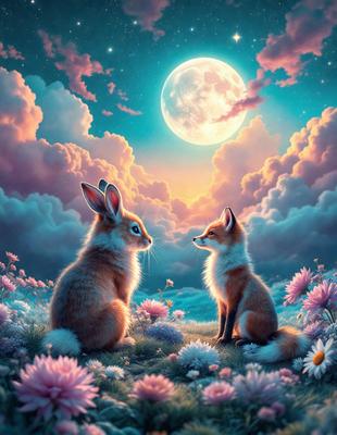 The primary subject of the image is a painting of two rabbits sitting in a field of flowers. The setting is a beautiful, colorful field with a sky background. The visual style is a digital art or illustration, creating a vibrant and lively atmosphere. The dominant colors are pink, purple, and white, which contribute to the overall mood of the painting.