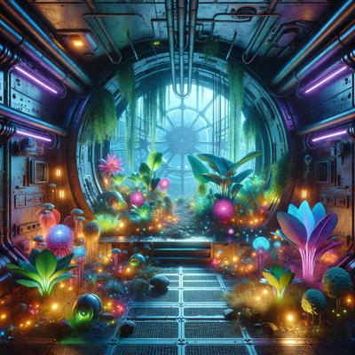 The primary subject of the image is a futuristic, colorful, and vibrant scene featuring a variety of plants and flowers. The setting includes a large, open space with a doorway, and the background showcases a purple and blue color scheme. The visual style of the image is a combination of digital art and illustration, creating a unique and captivating atmosphere. The dominant colors and overall mood of the scene are bright, lively, and imaginative.