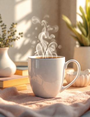 The primary subject of the image is a white coffee mug filled with coffee, placed on a table. The setting is a cozy indoor environment, with a potted plant nearby. The visual style is a photo, capturing the details of the coffee mug and its surroundings. The colors and mood of the image are warm and inviting, with the white coffee mug and the potted plant adding a touch of natural beauty to the scene.