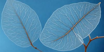 The image features two large, blue leaves with a white vein pattern. The leaves are placed on a blue background, creating a striking contrast between the leaves and the sky. The visual style of the image is a combination of photo and digital art, as it captures the natural beauty of the leaves while also showcasing the intricate details of the vein pattern. The colors and mood of the image are predominantly blue, with the white veins adding a touch of contrast and elegance to the overall composition.