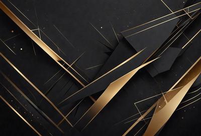 The primary subject of the image is a black and gold geometric pattern. The setting is a black background, and the visual style appears to be a combination of digital art and illustration. The dominant colors are black and gold, creating a bold and striking appearance. The overall atmosphere of the image is modern and artistic.