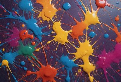 The primary subject of the image is a colorful painting or artwork, featuring a variety of colors and patterns. The setting is a purple surface, which serves as the background for the artwork. The visual style appears to be a combination of photo and digital art, creating a vibrant and lively atmosphere. The dominant colors in the painting include orange, blue, and yellow, which contribute to the overall mood of the artwork.