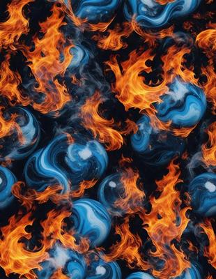 The primary subject of the image is a collection of blue glass balls, which are the main objects in the scene. The setting is a fire, with the balls placed in front of it. The visual style of the image is a combination of a photo and digital art, creating a unique and eye-catching pattern. The dominant colors in the image are blue and orange, with the blue glass balls contrasting against the orange fire. The overall atmosphere of the image is one of creativity and artistic expression.