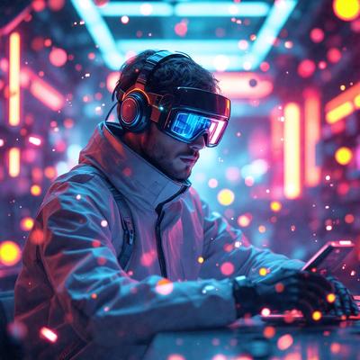 The primary subject of the image is a man wearing a white jacket and goggles, sitting at a desk and using a laptop. The setting is a futuristic environment, with a backdrop of neon lights and a colorful, digital-art style. The visual style is a combination of photo and digital art, creating a unique and vibrant atmosphere. The colors and mood of the image are predominantly bright and energetic, reflecting the futuristic and technological theme.