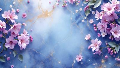 The primary subject of the image is a blue background with a gold-colored texture. The setting is a cloudy sky, and the visual style is a combination of digital art and illustration. The dominant colors are blue and gold, creating a serene and calming atmosphere. The image features a variety of flowers, including pink and purple ones, scattered throughout the scene, adding a touch of natural beauty to the overall composition.