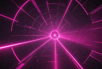 The primary subject of the image is a large, pink, circular object with a hole in the center. The setting is a dark, pink-lit environment, which creates a dramatic and moody atmosphere. The visual style appears to be a combination of digital art and illustration, as the object is depicted in a somewhat surreal manner. The colors and mood of the image are predominantly pink, which adds to the overall artistic and visually striking nature of the scene.