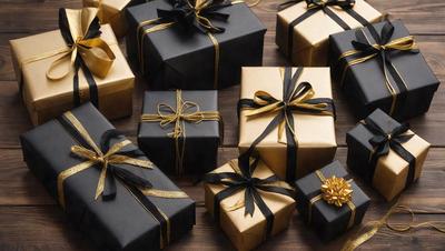 The primary subject of the image is a collection of gold and black wrapped presents. The presents are arranged on a wooden table, creating a visually appealing display. The setting is a wooden table, and the visual style is a photo. The colors and mood of the image are warm and festive, with the gold and black colors evoking a sense of luxury and elegance.