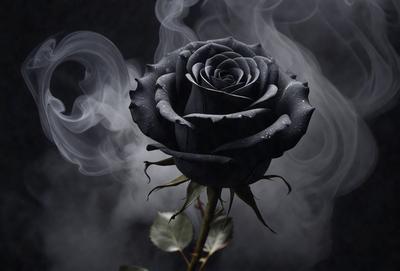 The primary subject of the image is a black rose, which is the main object, scene, or focus of the image. The setting/background features a dark, foggy environment, creating a mysterious and moody atmosphere. The visual style of the image is a photo, capturing the details and textures of the black rose. The colors and mood of the image are dominated by the dark, foggy environment, with the black rose being the only colorful element in the scene.
