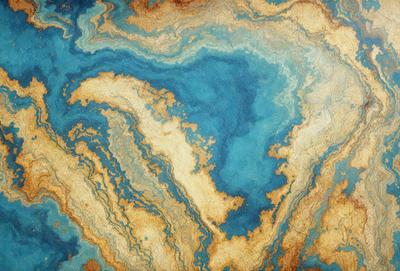 The primary subject of the image is a blue and white swirling pattern, which appears to be a painting or a digital artwork. The setting is a blue and white marbled surface, which adds to the visual style of the image. The colors and mood of the image are predominantly blue and white, creating a serene and calming atmosphere.