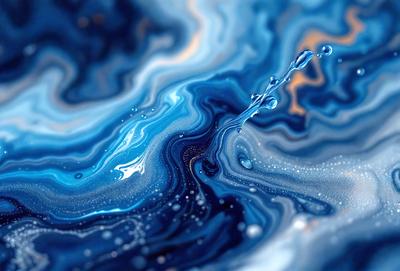 The primary subject of the image is a blue and white ocean scene. The setting is a blue ocean with ripples and waves, creating a serene and calming atmosphere. The visual style is a combination of a photo and digital art, as it captures the beauty of the ocean while also showcasing the artist's creativity. The dominant colors are blue and white, which contribute to the overall mood of the image.