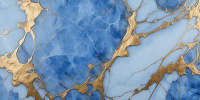 The primary subject of the image is a blue marble countertop with gold accents. The setting is a kitchen, and the visual style is a combination of photo and digital art. The dominant colors are blue and gold, creating a luxurious and elegant atmosphere.
