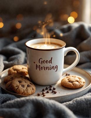 The primary subject of the image is a cup of coffee, which is placed on a plate with cookies. The setting is a cozy environment, possibly a bedroom or a living room, with a blanket visible in the background. The visual style is a photo, capturing the warmth and comfort of the coffee and cookies. The colors and mood are predominantly warm and inviting, with the coffee and cookies being the main focus of the image.