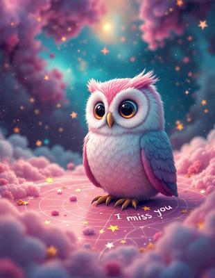 The primary subject of the image is a pink and white owl. The owl is sitting on a pink surface, which appears to be a cloud. The setting is a whimsical and colorful environment, with the owl being the main focus of the image. The visual style is a digital art or illustration, creating a playful and imaginative atmosphere. The colors and mood of the image are predominantly pink and white, giving it a light and cheerful feel.