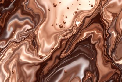 The primary subject of the image is a close-up of a chocolate-covered surface, possibly a chocolate-covered cake or a chocolate-frosted dessert. The setting is a close-up of the chocolate, with a background that is either a pattern or a texture. The visual style is a close-up of the chocolate, which gives the image a rich and indulgent atmosphere. The colors are predominantly brown, which are associated with chocolate.