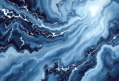 The primary subject of the image is a blue and white swirling pattern, which appears to be a painting or drawing. The setting is a blue background, and the visual style is a combination of digital art and illustration. The colors and mood of the image are predominantly blue and white, creating a sense of calmness and tranquility.
