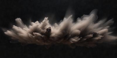 The primary subject of the image is a cloud of dust or smoke, which appears to be a dark, swirling mass. The setting is a dark background, which contrasts with the cloud, creating a dramatic visual effect. The visual style of the image is a combination of photo and digital art, as it captures the movement and texture of the cloud. The colors and mood of the image are dark and moody, with the cloud appearing ominous and mysterious.