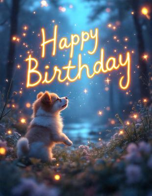The image features a small, cute dog standing in a forest, surrounded by flowers. The dog appears to be looking up, possibly at the camera or the sky. The forest setting and the presence of flowers create a serene and peaceful atmosphere. The visual style of the image is a combination of photo and digital art, giving it a unique and artistic appearance.