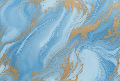 The primary subject of the image is a blue and gold swirling pattern, which appears to be a painting or a digital artwork. The setting is a blue background, and the visual style is a combination of photo and digital art. The dominant colors are blue and gold, creating a vibrant and lively atmosphere.