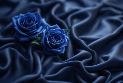The primary subject of the image is a pair of blue roses. They are placed on a blue cloth, which serves as the setting and background. The visual style of the image is a photo, capturing the beauty of the blue roses in their natural environment. The colors and mood of the image are predominantly blue, creating a serene and calming atmosphere.