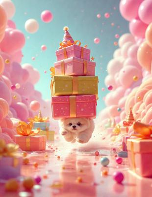 The primary subject of the image is a small white dog, which is the main focus of the scene. The dog is surrounded by a variety of presents, including a large stack of wrapped gifts and balloons. The setting appears to be a festive and celebratory environment, possibly a birthday party or a special occasion. The visual style of the image is a combination of photo and digital art, creating a vibrant and lively atmosphere. The dominant colors in the image are pink and white, which contribute to the overall cheer