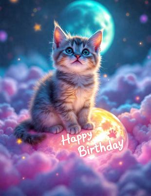 The primary subject of the image is a cute kitten sitting on a pink cloud. The setting is a whimsical, dreamy environment with a pink and purple color scheme. The visual style is a digital art or illustration, creating a playful and imaginative atmosphere.