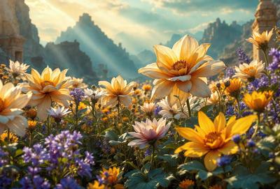 The primary subject of the image is a field of flowers, predominantly yellow and white, with some blue flowers as well. The setting is a mountainous area, with a beautiful backdrop of mountains. The visual style of the image is a photo, capturing the vibrant colors and natural beauty of the flowers. The colors and mood of the image are lively and cheerful, with the bright flowers and picturesque mountain backdrop creating a sense of serenity and tranquility.
