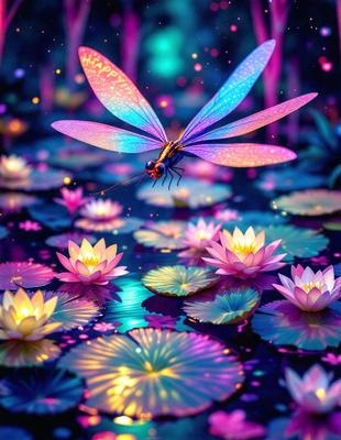 The primary subject of the image is a dragonfly hovering over a pond filled with purple flowers. The setting is a serene, colorful environment with a mix of natural elements and vibrant colors. The visual style is a combination of photo and digital art, creating a unique and eye-catching scene. The dominant colors are purple and blue, giving the image a calming and enchanting atmosphere.