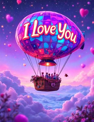 The primary subject of the image is a hot air balloon with the words "I Love You" written on it. The balloon is floating in a cloudy sky, and it appears to be carrying a group of people. The setting is a whimsical and romantic atmosphere, with the balloon and the people inside it creating a sense of adventure and love. The visual style of the image is a combination of digital art and illustration, giving it a unique and creative appearance. The colors and mood of