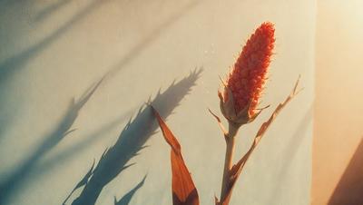 The primary subject of the image is a tall, red flower with a long stem, standing in front of a blue wall. The setting appears to be an outdoor environment, with the flower being the main focus of the scene. The visual style of the image is a photo, capturing the beauty of the flower in its natural habitat. The dominant colors in the image are red and blue, creating a vibrant and lively atmosphere.