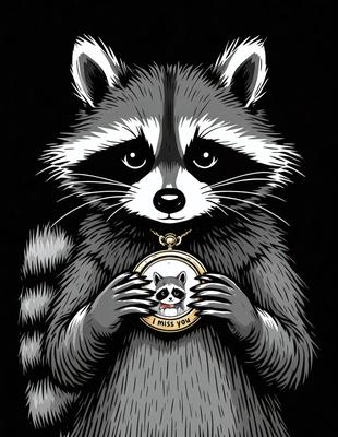 The primary subject of the image is a cartoon-like drawing of a raccoon. The setting is a dark background, and the visual style is a combination of digital art and illustration. The raccoon is holding a clock with a heart on it, which adds a touch of sentimentality to the scene. The colors are predominantly black and white, giving the image a classic and timeless feel.