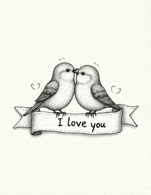 The image features two birds, likely a couple, sitting close to each other and kissing. The birds are positioned in the center of the image, with one bird on the left and the other on the right. The scene is set against a white background, which highlights the birds and their affectionate gesture. The overall atmosphere of the image is warm and romantic.