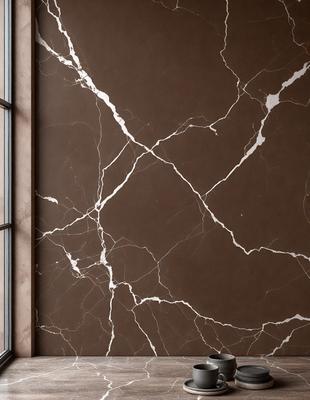 The primary subject of the image is a marble wall with a brown background. The setting is a room with a window, and the visual style is a photo. The colors and mood of the image are warm and natural, with the marble wall and brown background creating a sense of elegance and sophistication.