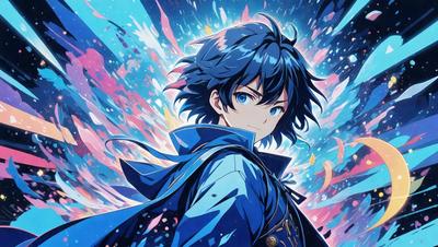 The primary subject of the image is a young man with long hair, wearing a blue jacket and a blue shirt. He is smiling and appears to be the main focus of the image. The setting is a colorful background, which adds to the overall visual style of the image. The colors and mood of the image are vibrant and lively, with a sense of joy and energy.