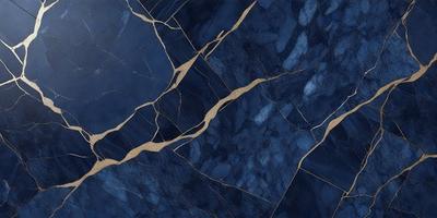 The primary subject of the image is a blue marble tile with gold accents. The setting is a blue marble countertop, and the visual style is a close-up of the tile. The dominant colors are blue and gold, creating a luxurious and elegant atmosphere.