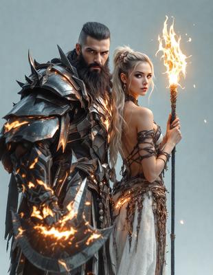 The primary subject of the image is a man and a woman, both dressed in fantasy costumes, standing together. The man is wearing a suit of armor, while the woman is holding a staff. The setting appears to be a fantasy or medieval-themed environment. The visual style of the image is a digital art or illustration, with the characters and costumes being the main focus. The colors and mood of the image are predominantly dark and dramatic, with the characters and costumes being the main elements