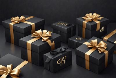 The primary subject of the image is a collection of black gift boxes with gold ribbons. These boxes are arranged in a visually appealing manner, creating an attractive display. The setting is a black background, which provides a contrasting and elegant backdrop for the gift boxes. The visual style is a combination of photo and digital art, as the boxes are presented in a way that showcases their details and textures. The colors and mood of the image are predominantly black and gold, giving the scene a sophistic